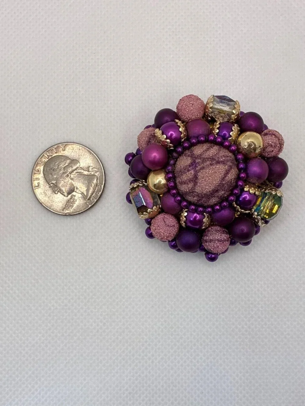 Vtg Japan Purple Brooch Sugar Beads Gold Accents & Faux Gemstones 2 In Diameter
